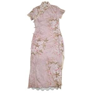 Pink Floral Qipao Cheongsam Dress Mandarin Collar Frog Button Lace Trim Maxi M